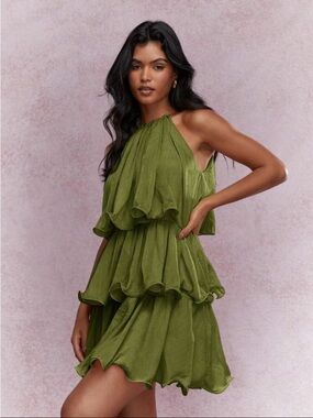MISSGUIDED Olive Green Tiered Halter Mini Dress